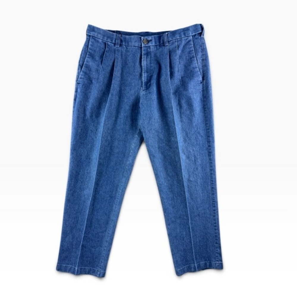 Haggar Mens Classic Fit Premium Stretch Denim Pleated Pants Blue 36x29 Casual
